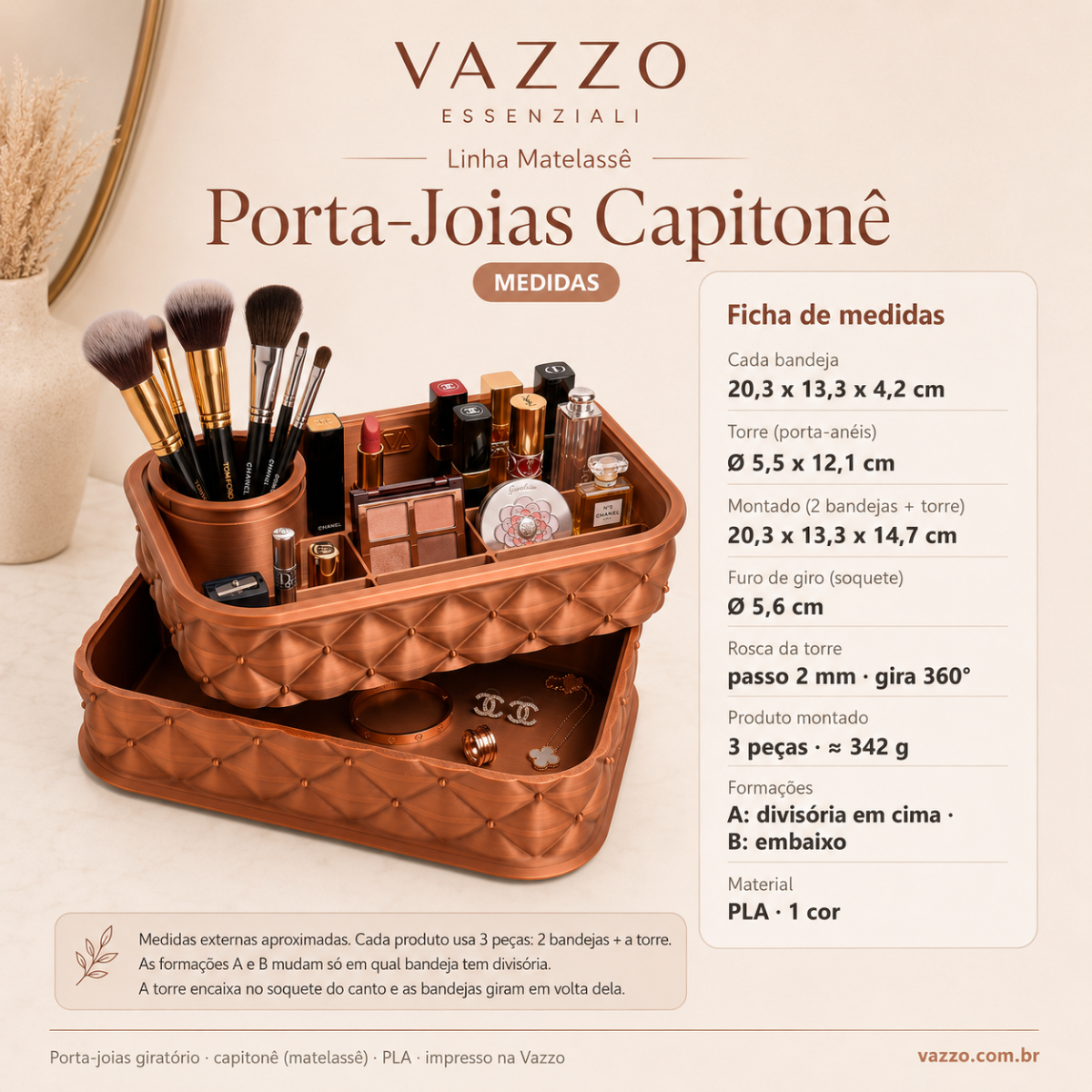 Porta-joias capitonê giratório com torre Vazzo 3