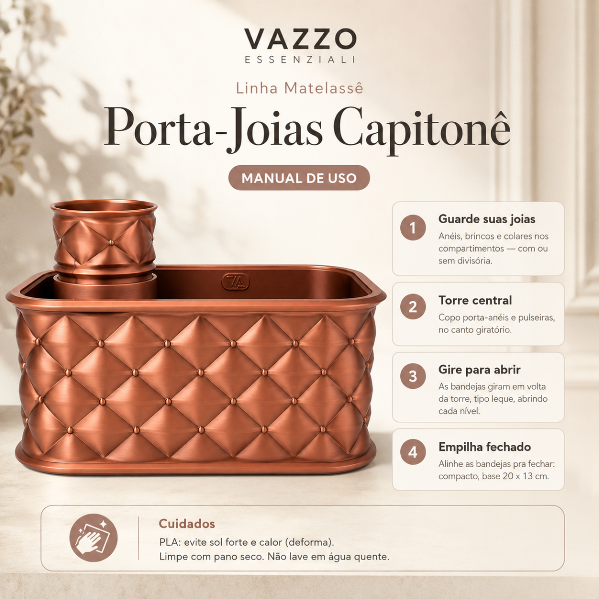 Porta-joias capitonê giratório com torre Vazzo 5