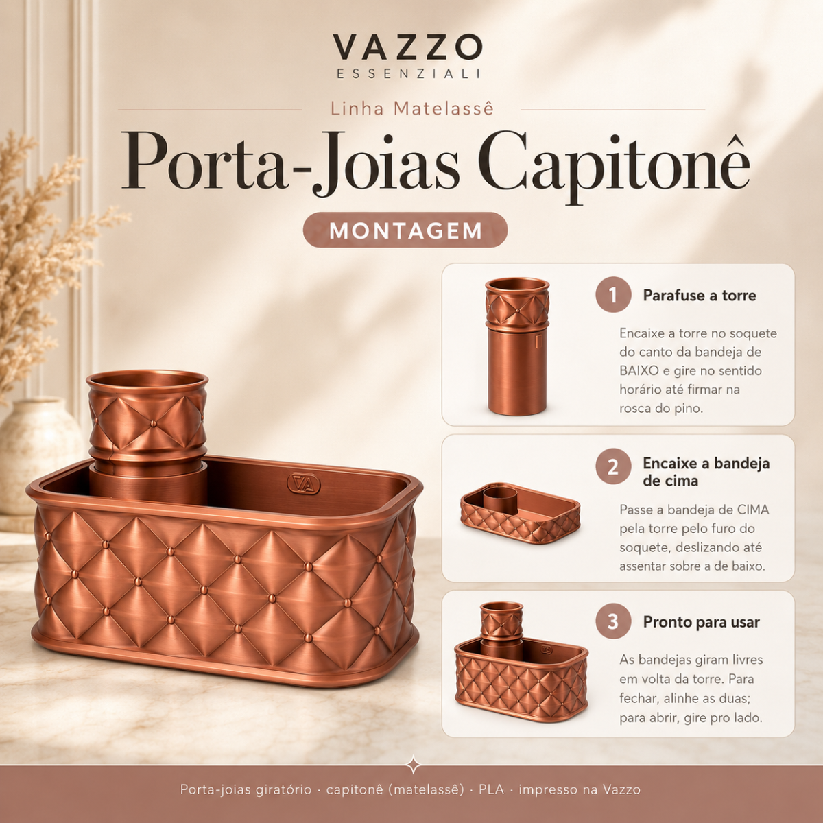 Porta-joias capitonê giratório com torre Vazzo 7