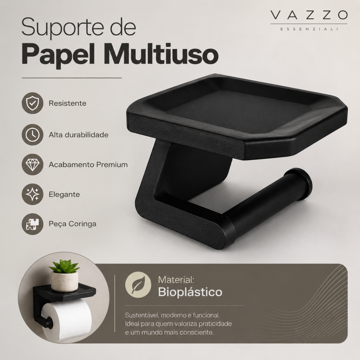 Suporte papel higiênico de parede com prateleira Vazzo 2