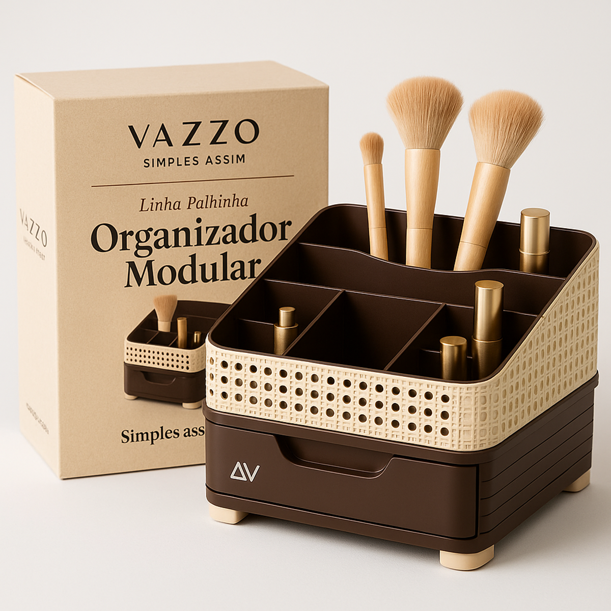 Organizador Maquiagem Com Gaveta E Divisórias Palhinha 21cm