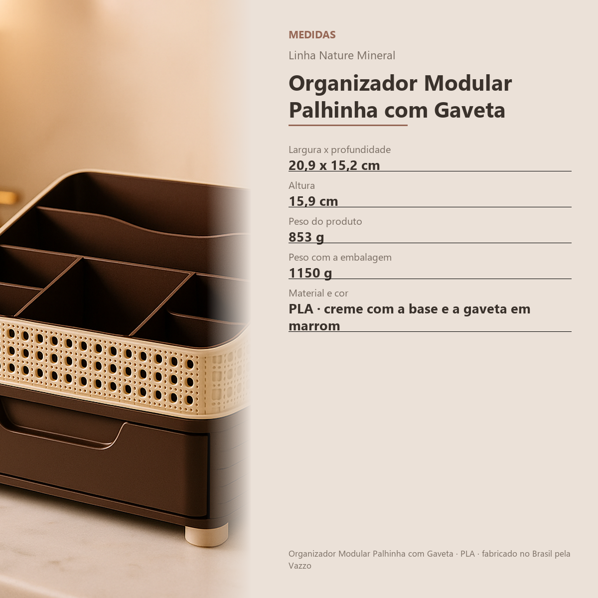 Organizador Maquiagem Com Gaveta E Divisórias Palhinha 21cm 8