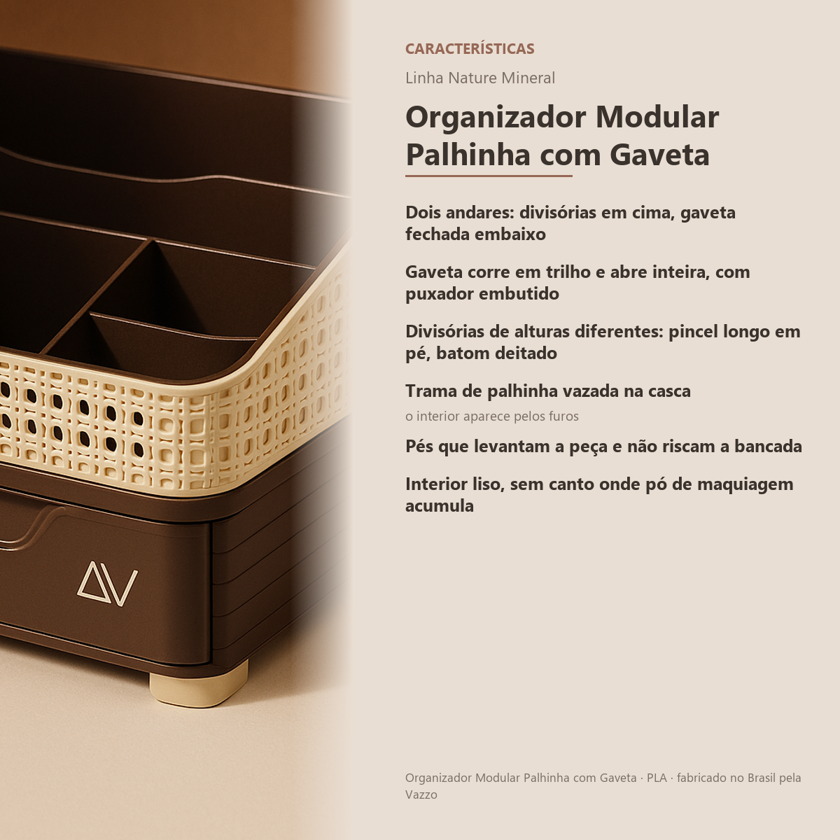 Organizador Maquiagem Com Gaveta E Divisórias Palhinha 21cm 10