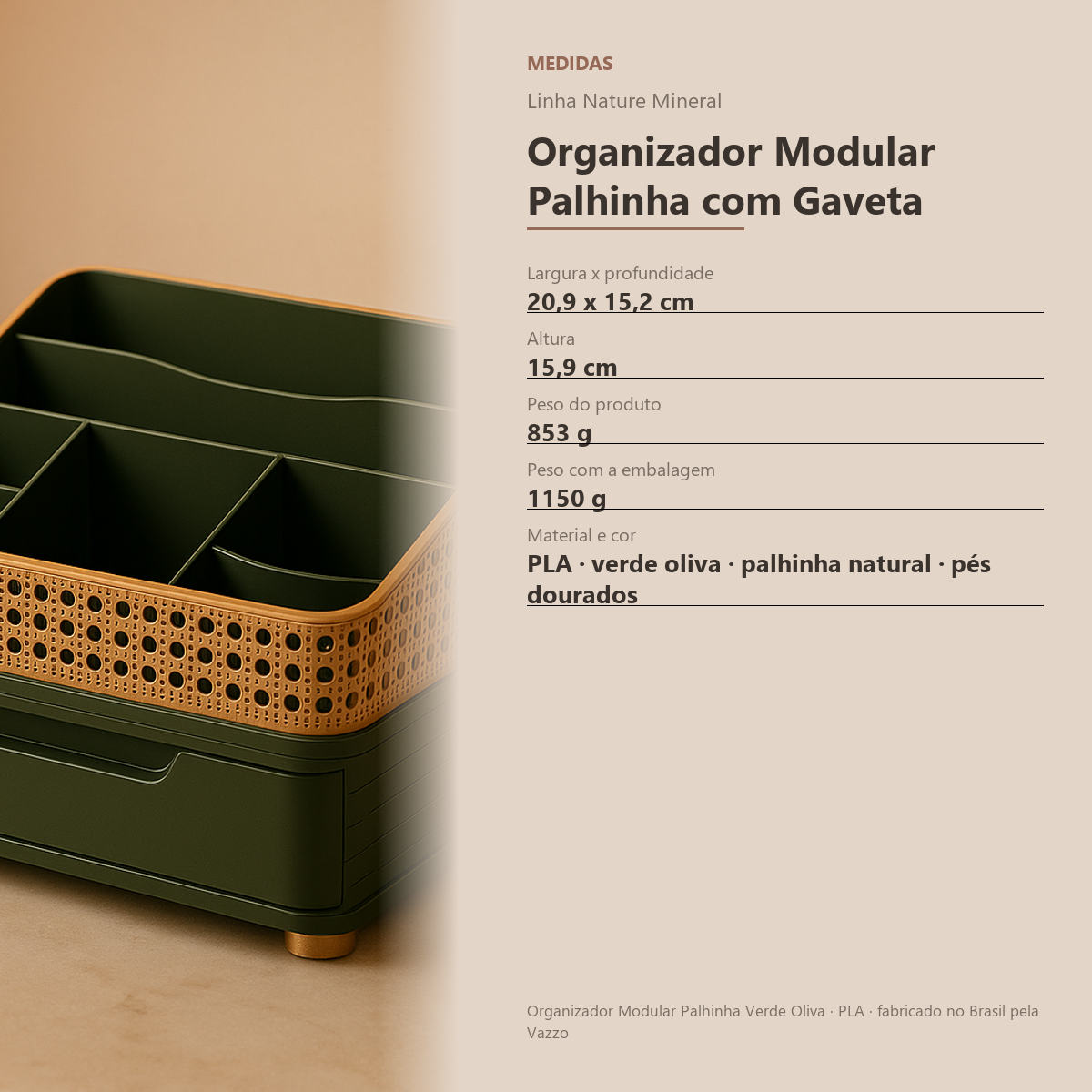 Organizador Maquiagem Com Gaveta E Divisórias Palhinha 21cm 8
