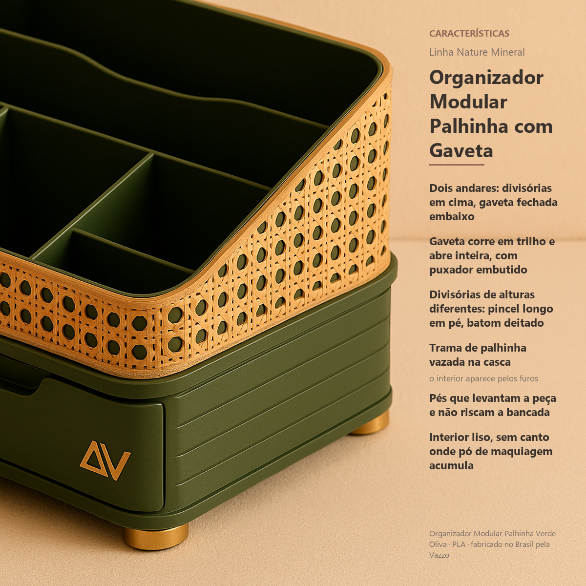 Organizador Maquiagem Com Gaveta E Divisórias Palhinha 21cm 10