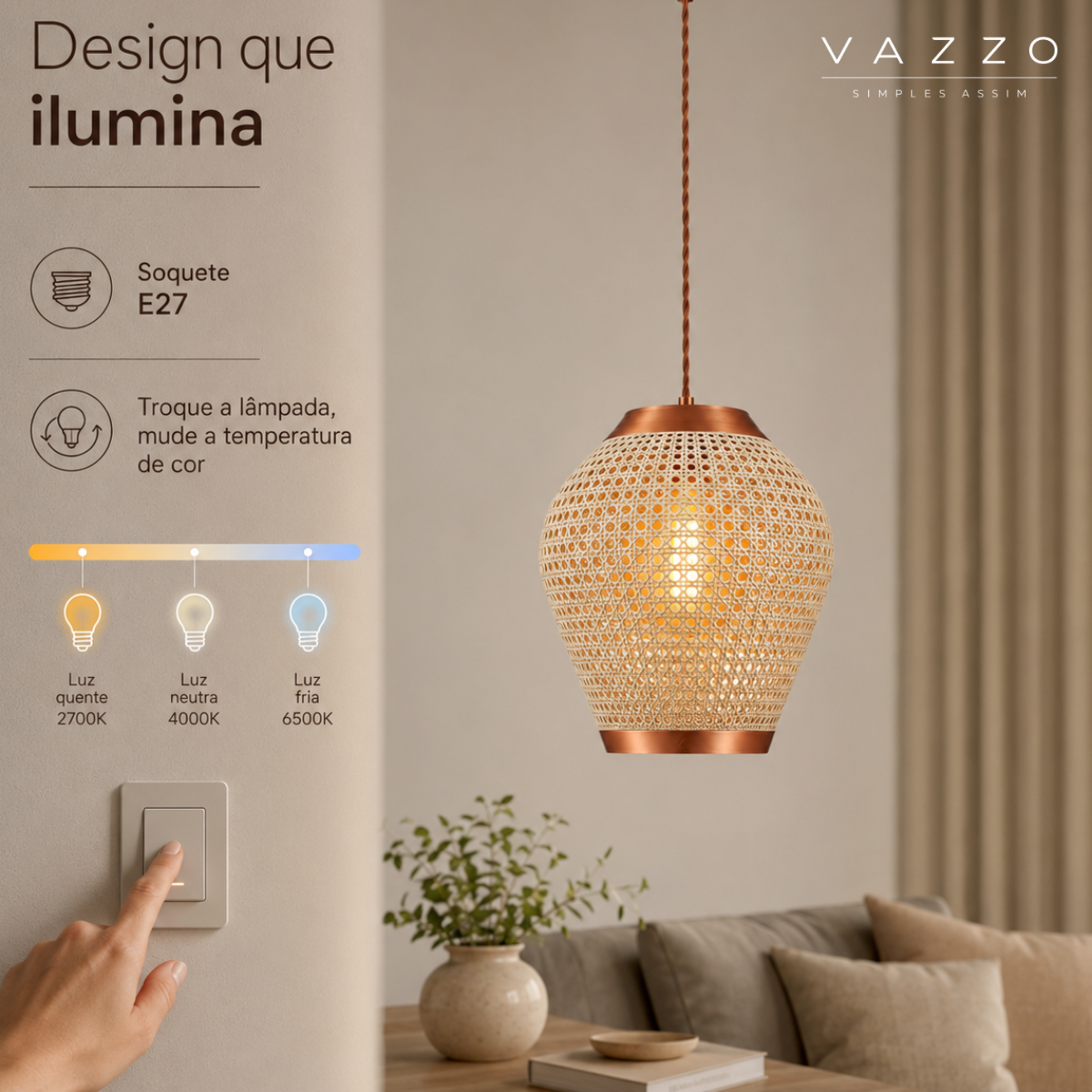 Pendente Rústico Trama Palhinha 23cm E27 Bivolt Vazzo 10