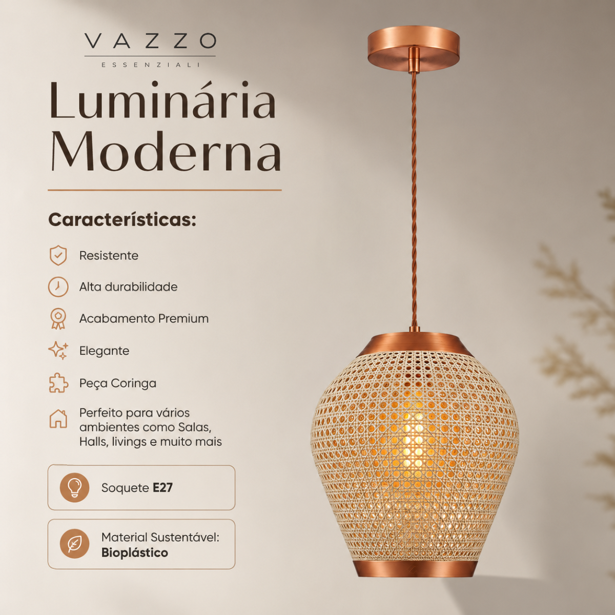 Pendente Rústico Trama Palhinha 15cm E27 Bivolt Vazzo 11