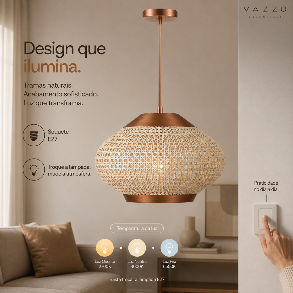 Pendente Rústico Trama Palhinha Baixo 15cm E27 Vazzo 9