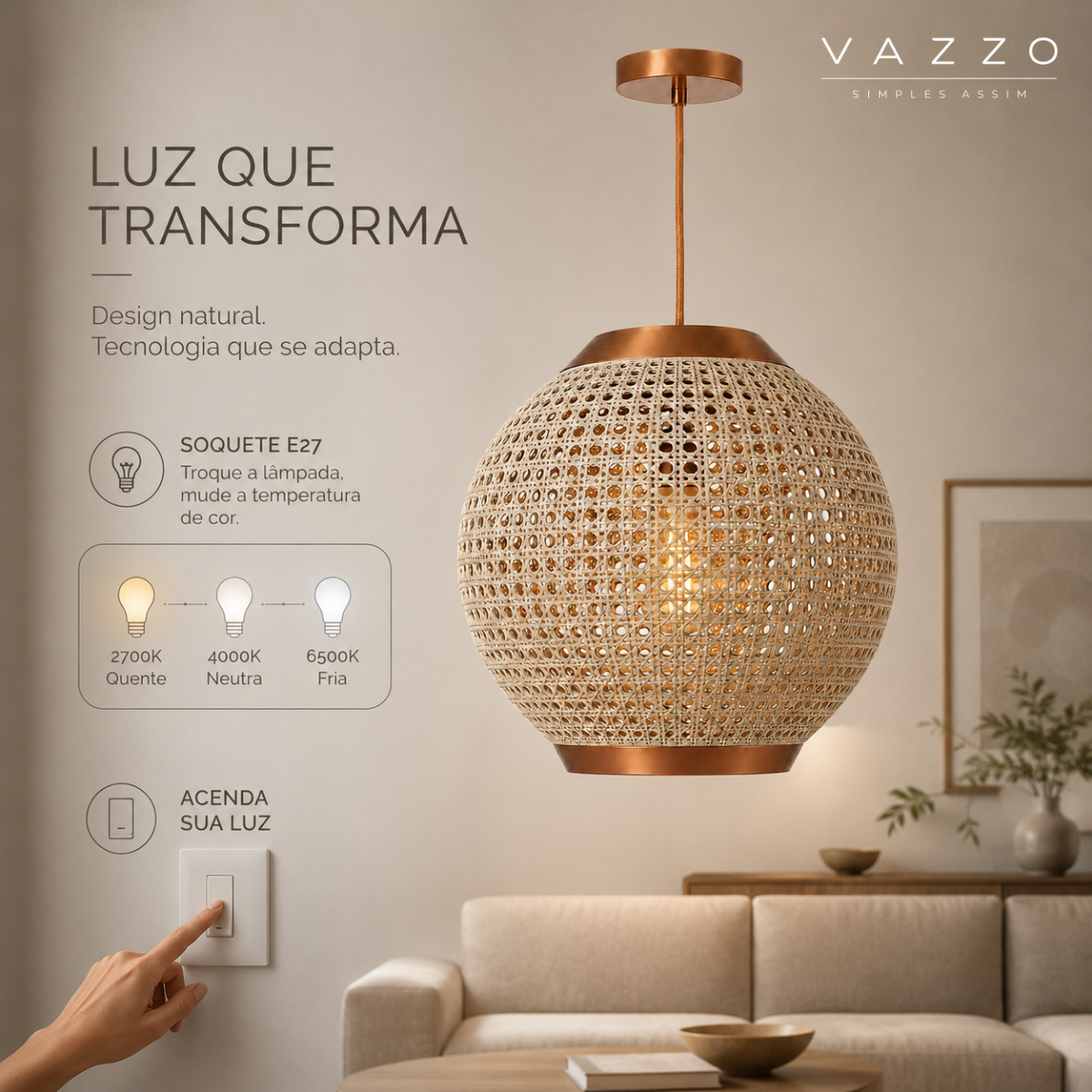 Pendente Rústico Trama Palhinha Redondo 15cm E27 Vazzo 10